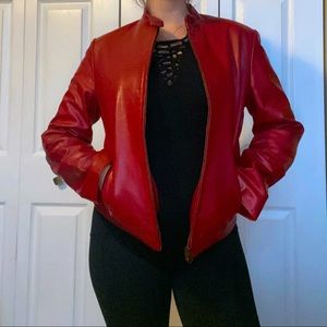 Zara red 100% leather jacket. Tag says large but it fits like a small/medium.
